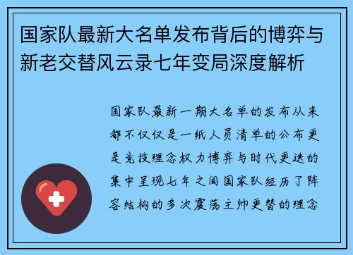 国家队最新大名单发布背后的博弈与新老交替风云录七年变局深度解析 国家队最新大名单发布背后的博弈与新老交替风云录七年变局深度解析